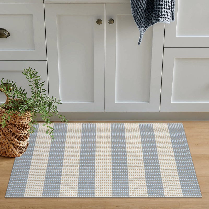 OJIA Front Door Mats Outdoor 24"x36" Machine Washable Indoor Outdoor Rugs Doormat Cotton Woven Entry Rug Striped Small Area Rugs for Front Porch/Bathroom/Farmhouse/Home Entrance (Blue/White/Tan) - Image 1