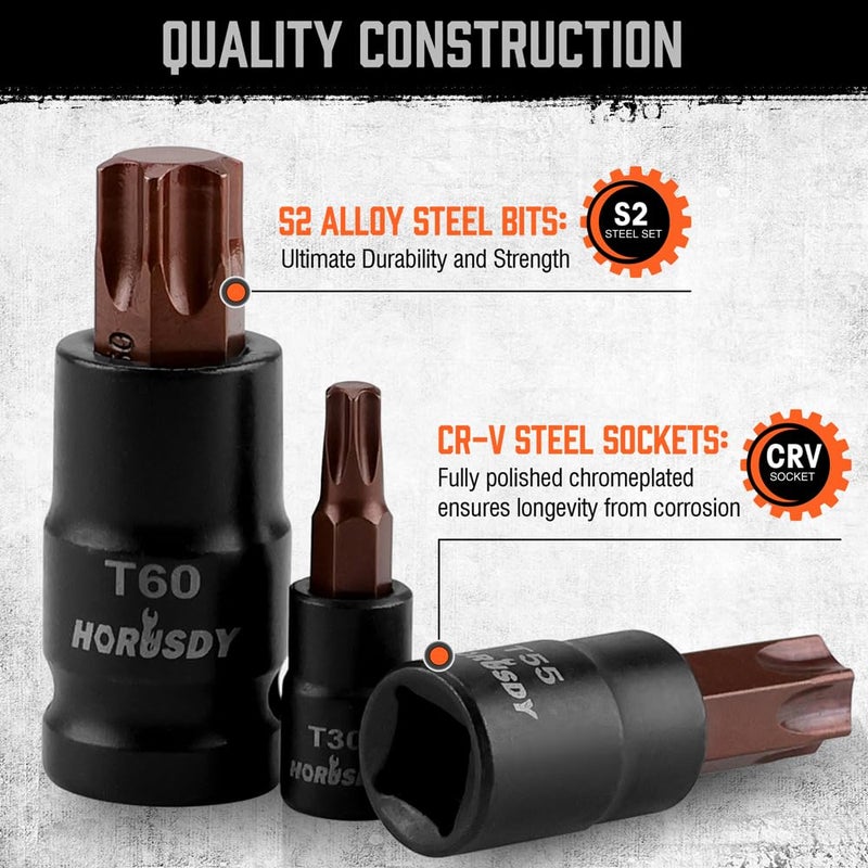 HORUSDY 31Pcs Torx Bit Socket Set,14 Star Bits (T8-T70) and 12 Female E-Torx Sockets (E4-E24), 4 Impact Socket Adapter Set with High Torque Laser Marked for Automotive Mechanic - Image 4