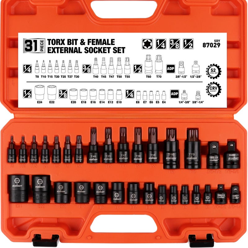 HORUSDY 31Pcs Torx Bit Socket Set,14 Star Bits (T8-T70) and 12 Female E-Torx Sockets (E4-E24), 4 Impact Socket Adapter Set with High Torque Laser Marked for Automotive Mechanic - Image 1