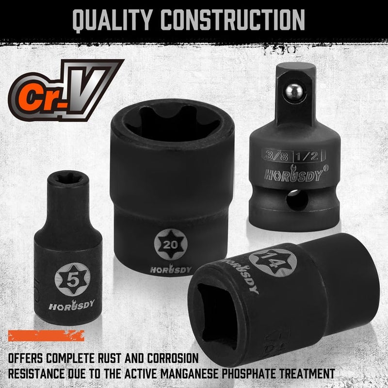 HORUSDY 31Pcs Torx Bit Socket Set,14 Star Bits (T8-T70) and 12 Female E-Torx Sockets (E4-E24), 4 Impact Socket Adapter Set with High Torque Laser Marked for Automotive Mechanic - Image 5