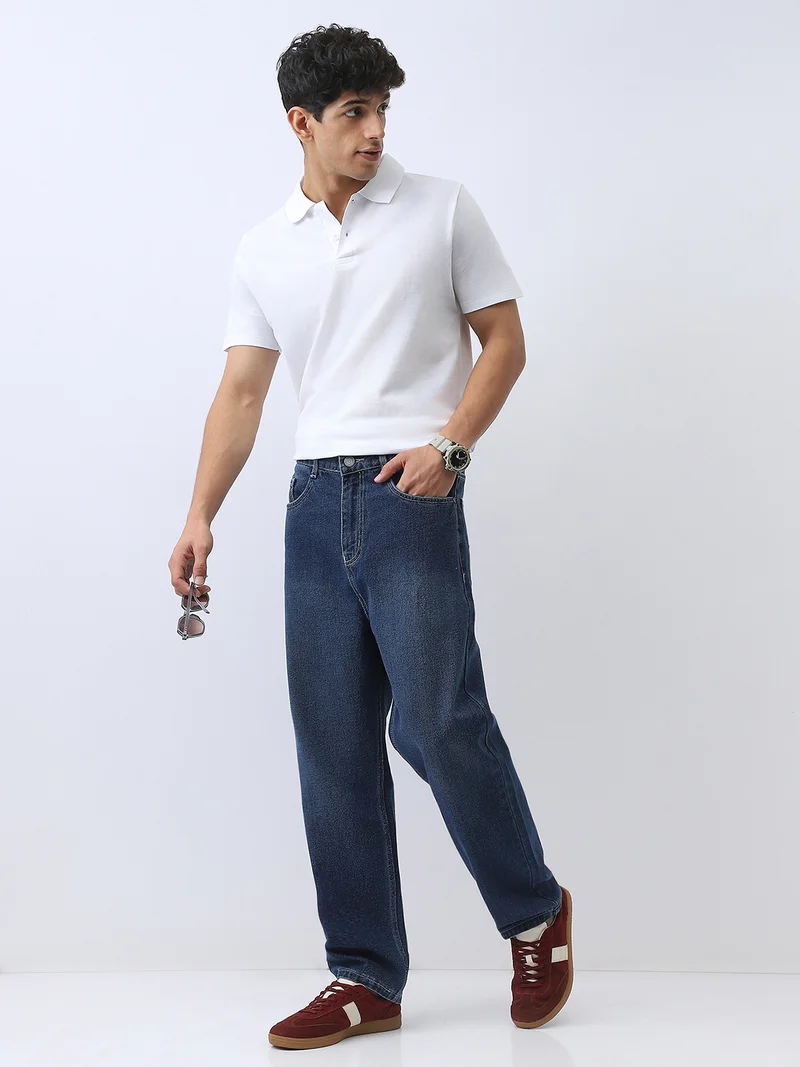 Urbano Fashion  Urbano Fashion Men's Blue Loose Baggy Fit Washed Jeans Non-Stretchable  | Best Price UAE