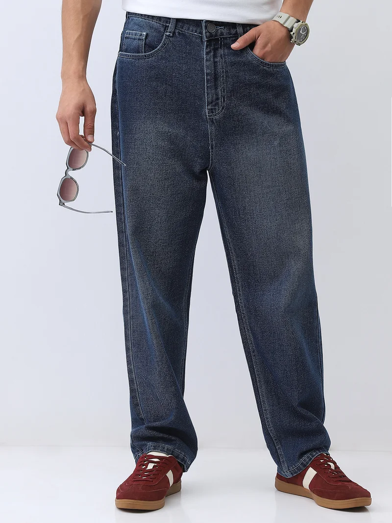 Urbano Fashion Men's Blue Loose Baggy Fit Washed Jeans Non-Stretchable