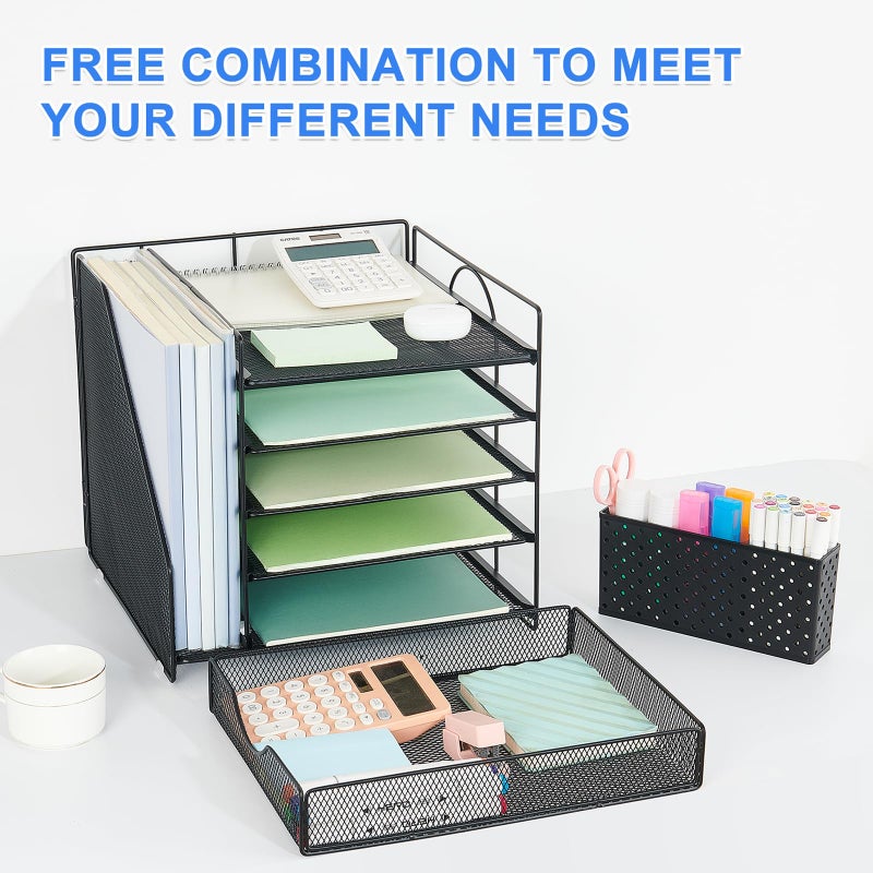 OUTIOE Desk Organizer with Drawer and Pen Holder, 5-Tier Paper Letter Tray Organizer with File Holder, Suitable for Workspace Organizer Office Supplies Storage (Black) - Image 3