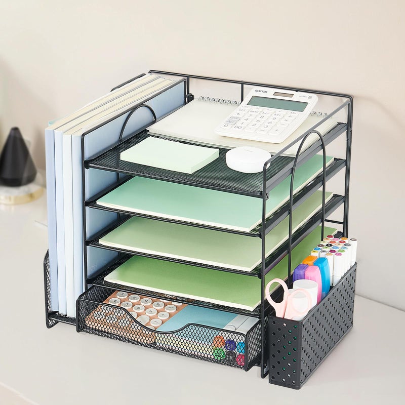 OUTIOE Desk Organizer with Drawer and Pen Holder, 5-Tier Paper Letter Tray Organizer with File Holder, Suitable for Workspace Organizer Office Supplies Storage (Black) - Image 4