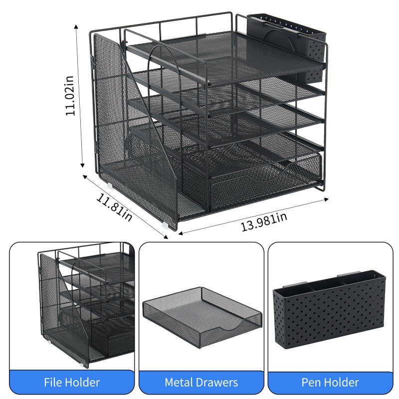 OUTIOE Desk Organizer with Drawer and Pen Holder, 5-Tier Paper Letter Tray Organizer with File Holder, Suitable for Workspace Organizer Office Supplies Storage (Black) - Image 5