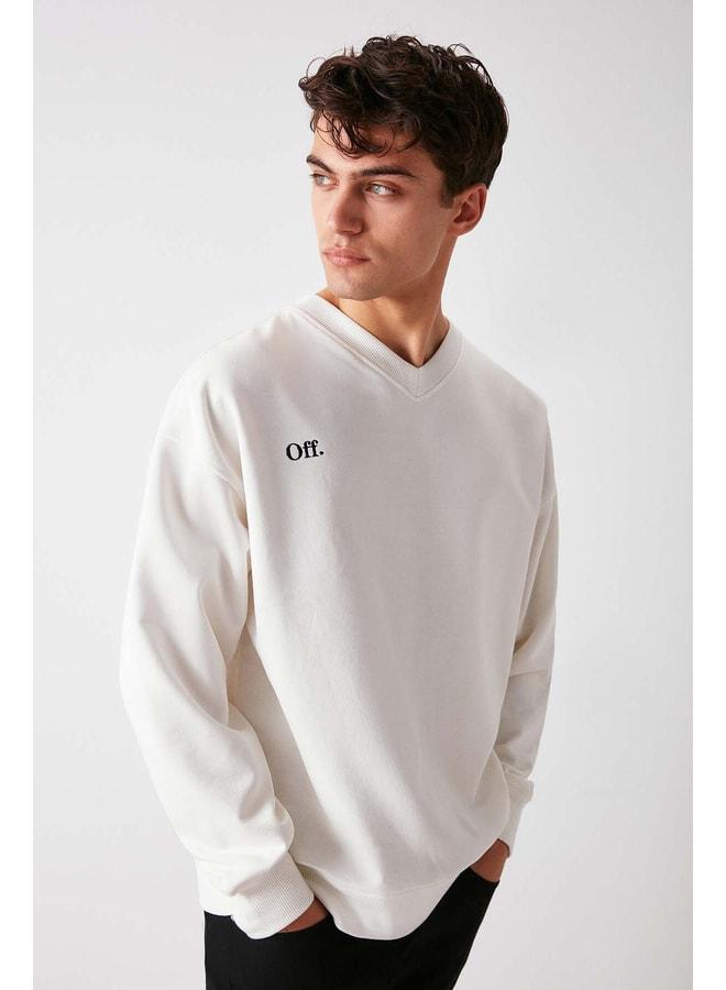 GRIMELANGE Off Men's Organic Cotton Summer Embroidered V-Neck Unlined Oversized White Sweatshirt. - Image 3