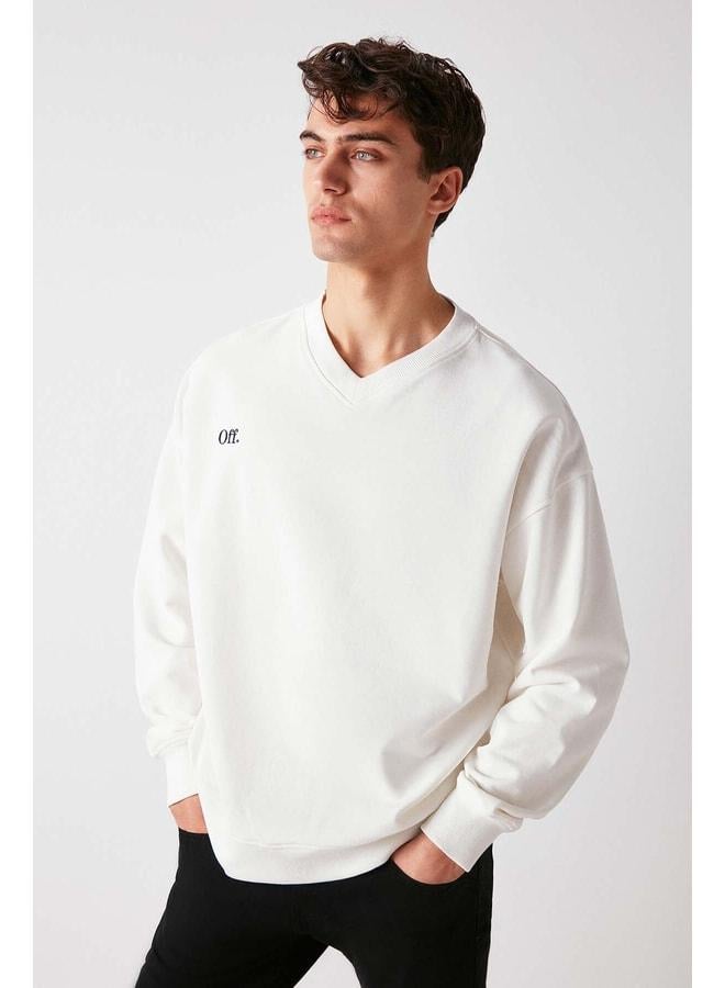 GRIMELANGE Off Men's Organic Cotton Summer Embroidered V-Neck Unlined Oversized White Sweatshirt. - Image 1