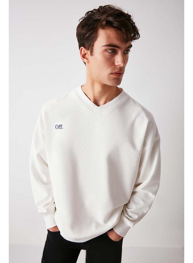 GRIMELANGE Off Men's Organic Cotton Summer Embroidered V-Neck Unlined Oversized White Sweatshirt. - Image 2