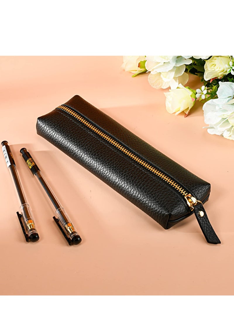 SYOSI Genuine Leather Pen Case, Portable Cowhide Pencil Pouch with Zipper, Soft Black Simple Pen Bag for Adults, Student, Writer  - Image 2