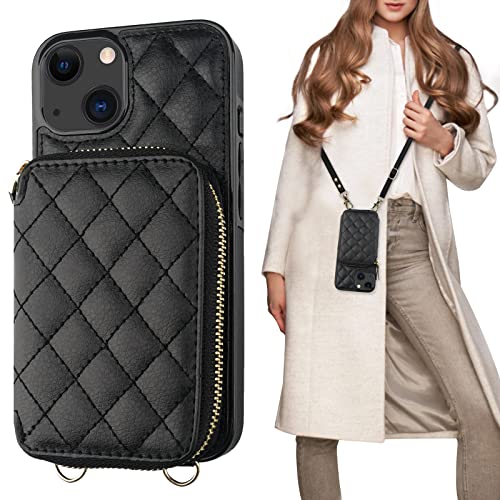Bocasal Crossbody Wallet Case for iPhone 13, RFID Blocking PU Leather Zipper Handbag Purse Flip Cover, Kickstand Folio Case with Card Slots Holder Wrist Strap Lanyard 5G 6.1 Inch (Black) - Image 1