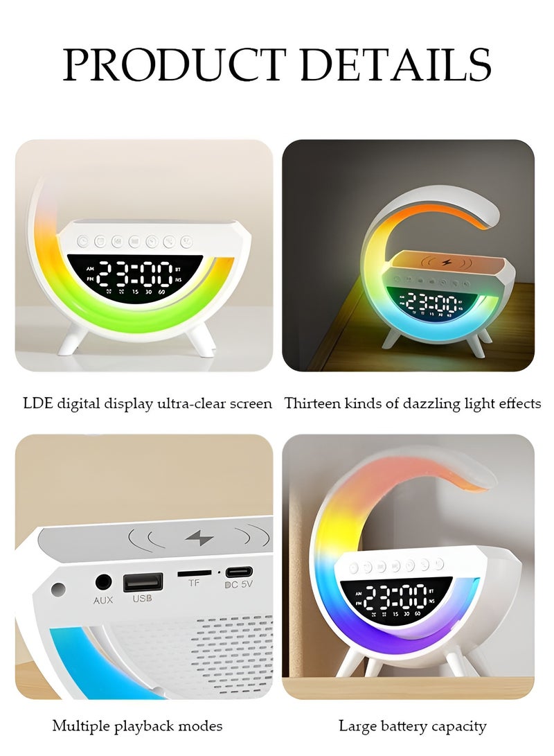 LED Wireless Charging Speaker BT-3401 – Bluetooth, FM Radio, Clock & Alarm | 7-Color Light Modes | USB, TF, AUX, Wireless Playback - Image 3