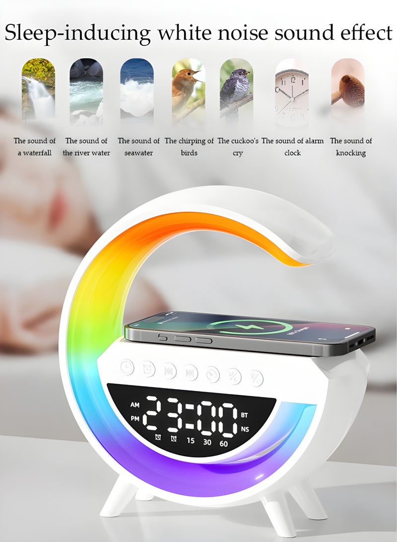 LED Wireless Charging Speaker BT-3401 – Bluetooth, FM Radio, Clock & Alarm | 7-Color Light Modes | USB, TF, AUX, Wireless Playback - Image 2