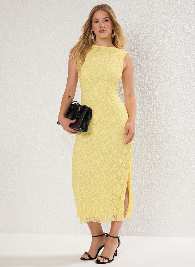 trendyol Limited Edition Light Yellow Lace Bodycon Backless Stretchy Knitted Dress - Image 1