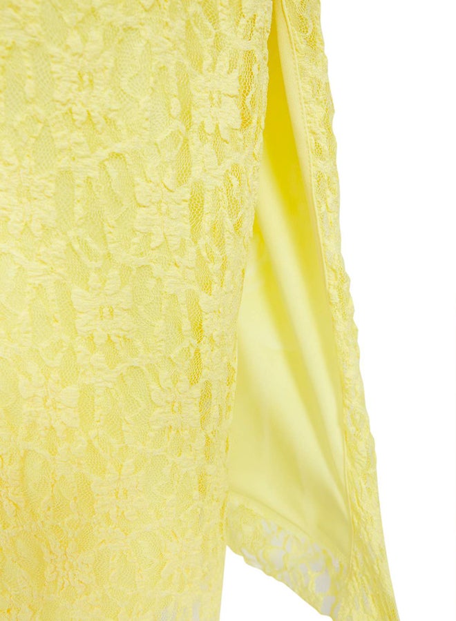 trendyol Limited Edition Light Yellow Lace Bodycon Backless Stretchy Knitted Dress - Image 5