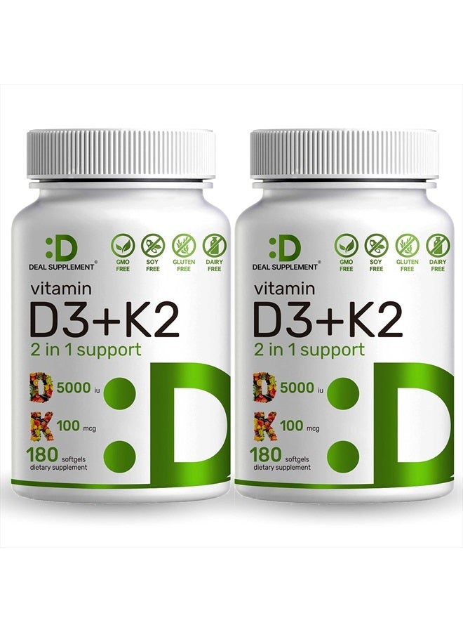 Eagleshine Vitamins عبوة 2 من فيتامين D3 K2 جيلاتين طري، 360 حبة، مركب 2-1، فيتامين D3 5000 وحدة دولية وفيتامين K2 MK7، يعزز صحة القلب والعظام والأسنان - سهل البلع جداً - Image 1