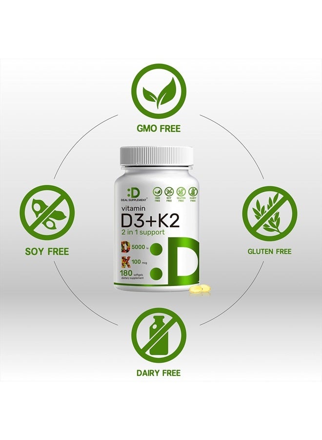 Eagleshine Vitamins عبوة 2 من فيتامين D3 K2 جيلاتين طري، 360 حبة، مركب 2-1، فيتامين D3 5000 وحدة دولية وفيتامين K2 MK7، يعزز صحة القلب والعظام والأسنان - سهل البلع جداً - Image 3