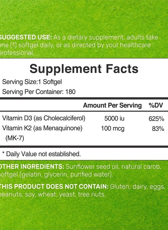Eagleshine Vitamins عبوة 2 من فيتامين D3 K2 جيلاتين طري، 360 حبة، مركب 2-1، فيتامين D3 5000 وحدة دولية وفيتامين K2 MK7، يعزز صحة القلب والعظام والأسنان - سهل البلع جداً - Image 2