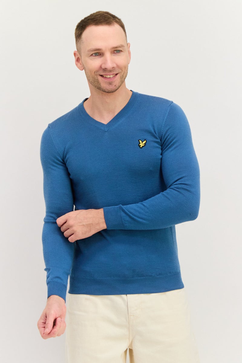 Lyle & Scott Men V Neck Embroidered Logo Long Sleeve Sweater, Slate Blue - Image 1