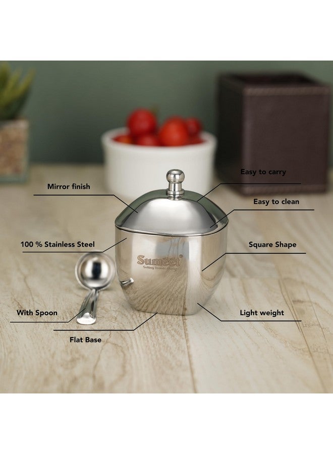 Sumeet Stainless Steel Square Shape Ghee and Oil Pot, Storage Container with Spoon for Kitchen, 6.5cm Dia, 160ML - Silver (Pack of 1) - Image 2