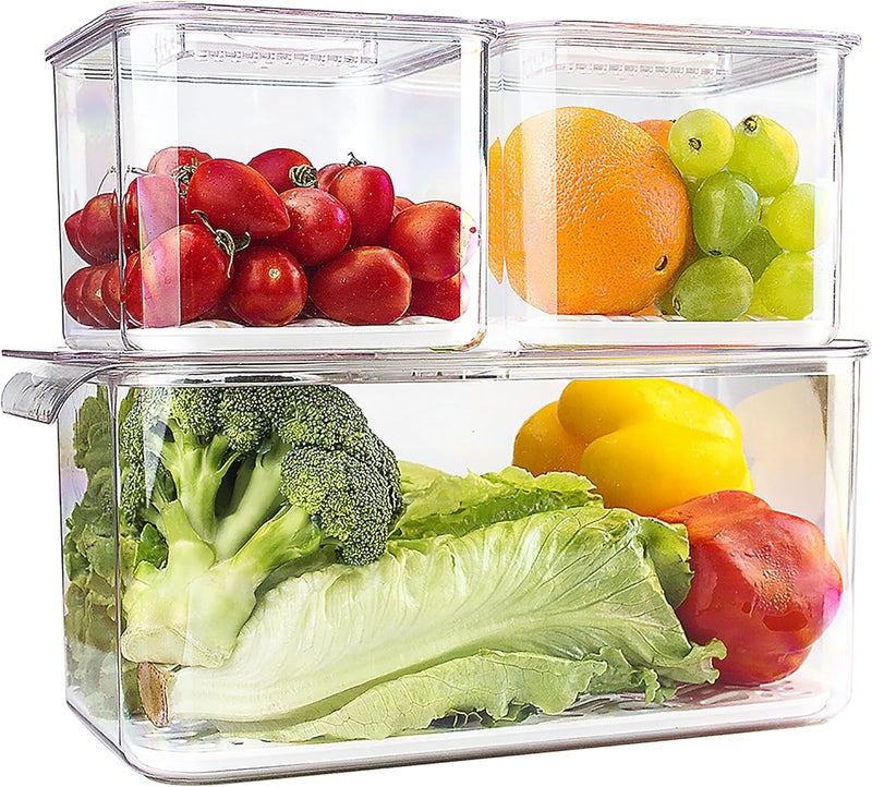 elabo Food Storage Containers Fridge Produce Saver- 3 Piece Set Stackable Refrigerator Organizer Keeper Drawers Bins Baskets with Lids and Removable Drain Tray for Veggie, Berry, Fruits and Vegetables - Image 1