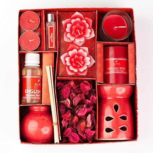 AURA DECOR AuraDecor Aromatheraphy Gift Set Combo || Diffuser || Reed Diffuser || Votive Candle || Tealight Candle || Potpourri || Pillar Candle || Floating Candle (Rose) - Image 1