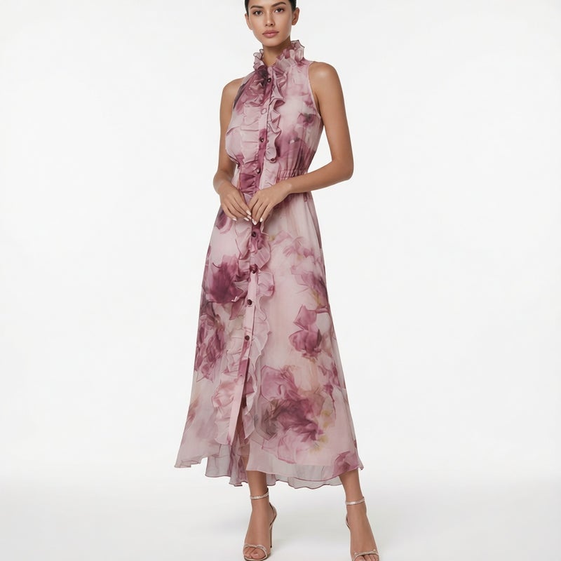 Elegant Floral Print Sleeveless Waist-Cinching Dress - Image 2