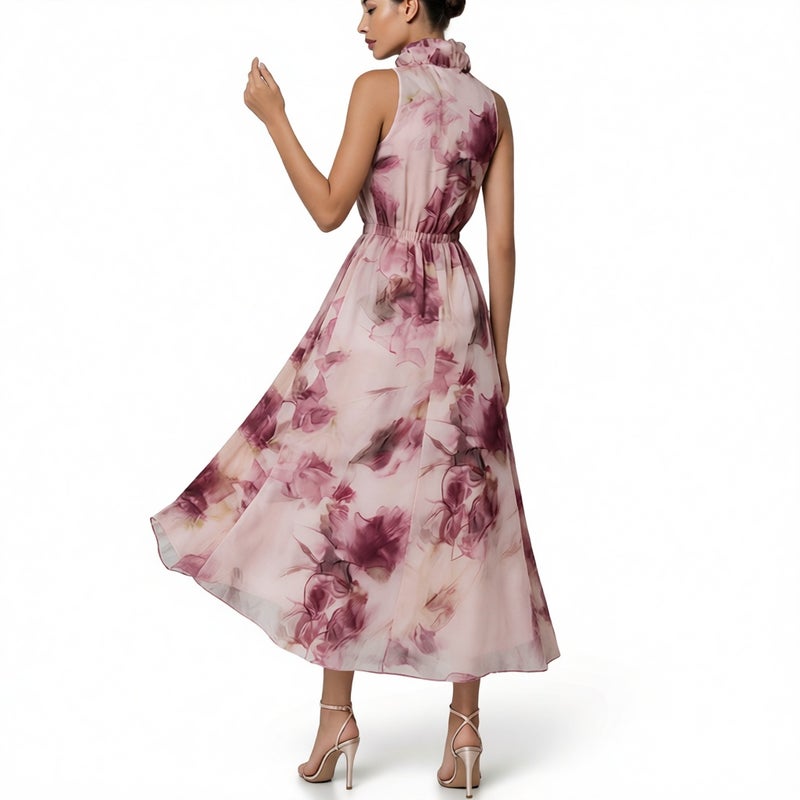 Elegant Floral Print Sleeveless Waist-Cinching Dress - Image 1