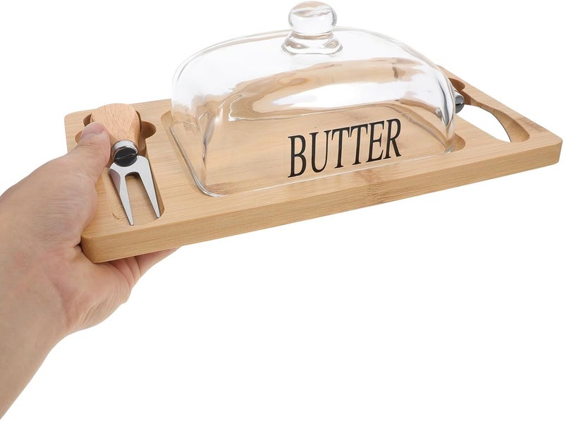 Wood Butter Dish with Lid and Dual Knife Set Large Butter Storage Box with Dome Cover Natural Wood Tray for Kitchen Countertop Use - Image 4