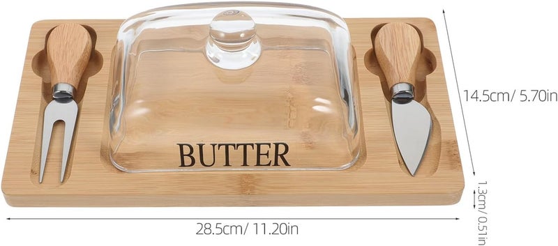 Wood Butter Dish with Lid and Dual Knife Set Large Butter Storage Box with Dome Cover Natural Wood Tray for Kitchen Countertop Use - Image 2