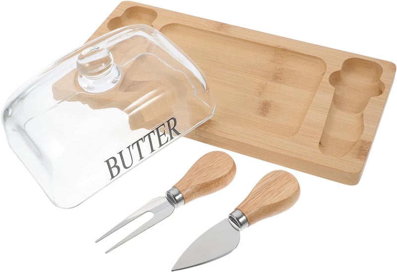 Wood Butter Dish with Lid and Dual Knife Set Large Butter Storage Box with Dome Cover Natural Wood Tray for Kitchen Countertop Use - Image 1
