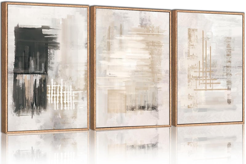 HPNIUB مجموعة من 3 لوحات فنية حديثة تجريدية من قماش HPINUB مؤطرة بالأبيض والأسود لوحة جدارية كبيرة 16x24 بوصة ديكور جداري محايد بأسلوب الحد الأدنى لغرفة المعيشة وغرفة النوم وغرفة الطعام والمكتب والحمام