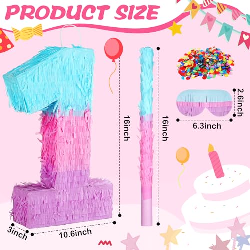 Arrowbash Number 1 Piata 1st Birthday Party Decorations 16 Inch Mermaid Pink Purple Blue Piata with Blindfold Stick and Confetti Large for Wedding Anniversary Celebration Baby Shower - Image 5