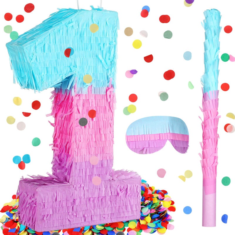 Arrowbash Number 1 Piata 1st Birthday Party Decorations 16 Inch Mermaid Pink Purple Blue Piata with Blindfold Stick and Confetti Large for Wedding Anniversary Celebration Baby Shower - Image 3