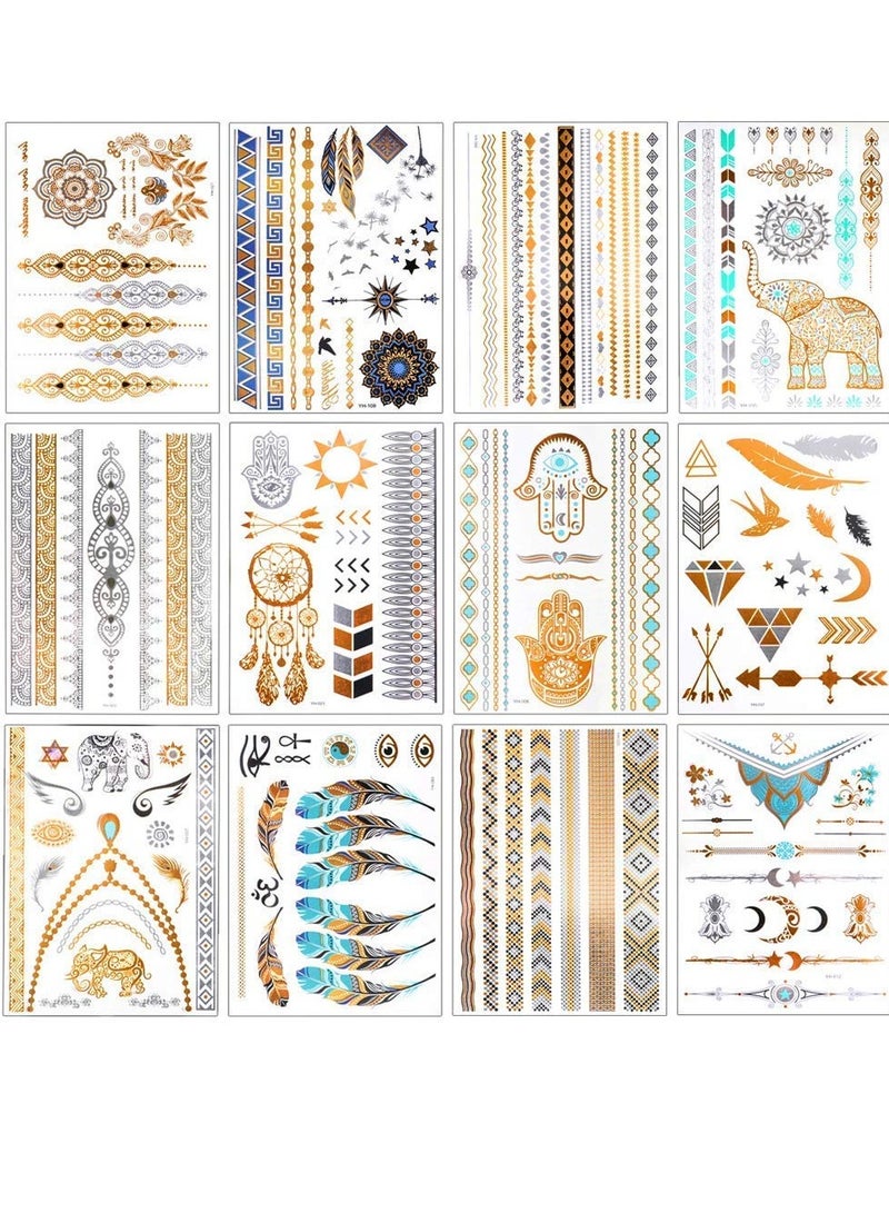 Waterproof Metallic Temporary Tattoos - 12 Sheets of Gold & Silver Glitter Stickers for Women, Teens & Girls - DIY Body Art & Fashion Designs - Image 1