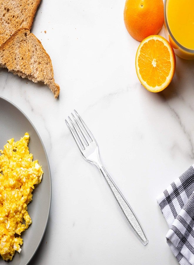 Gusto Comfy Package [100 Pack] Heavyweight Clear Plastic Forks with Engraved Design - Disposable Sturdy Plastic Utensils for Parties, Weddings, and Events - Image 4