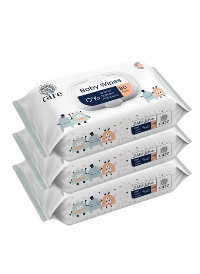 Care Gentle And Cleansing Baby Wipes With 0 percent Alcohol Sulphates And Parabens- 3X80 Wipes