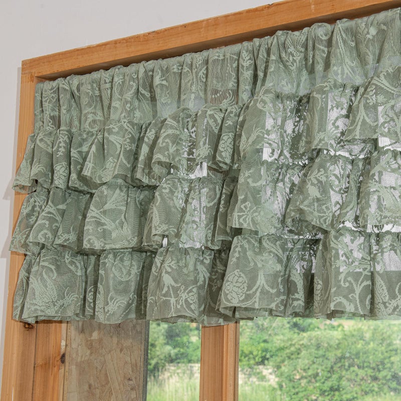 TUDECO Sage Green Valance for Window - French Cottage Sheer Floral Green Lace Curtains Over Sink, Summer Delicate Rod Pocket Sage Valance for Bedroom Bastment Cabinet RV Decor, 52 x 18 Inch, Single - Image 1