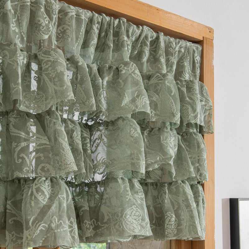 TUDECO Sage Green Valance for Window - French Cottage Sheer Floral Green Lace Curtains Over Sink, Summer Delicate Rod Pocket Sage Valance for Bedroom Bastment Cabinet RV Decor, 52 x 18 Inch, Single - Image 5
