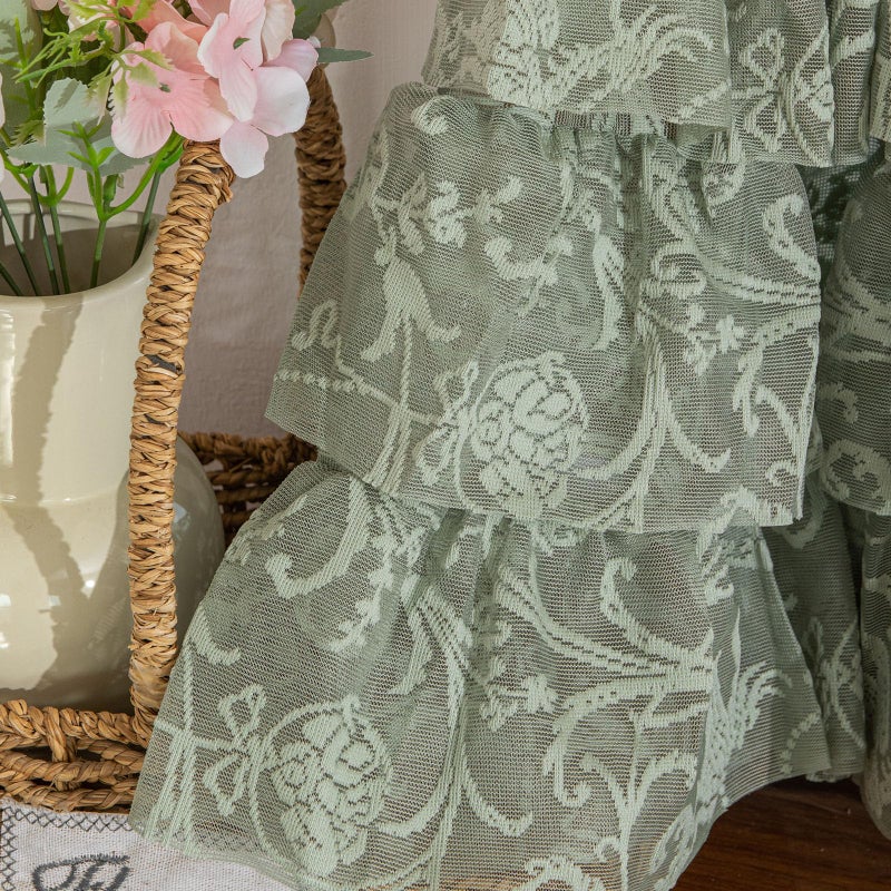 TUDECO Sage Green Valance for Window - French Cottage Sheer Floral Green Lace Curtains Over Sink, Summer Delicate Rod Pocket Sage Valance for Bedroom Bastment Cabinet RV Decor, 52 x 18 Inch, Single - Image 4