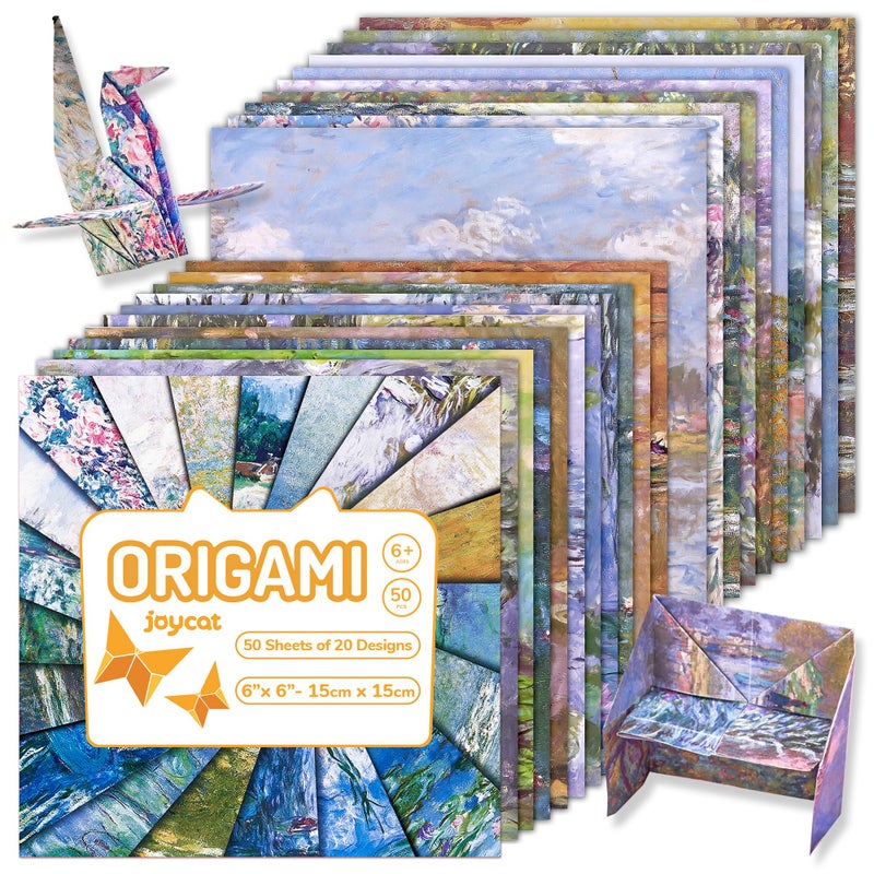 JoyCat Monet-Inspired Origami Paper - 50 Sheets 6x6 Inches - Impressionist Art Double-Sided Colored Folding Paper for Adults, Artists & Kids, Ideal for Scrapbooking, Card Making and DIY Crafts - Image 1