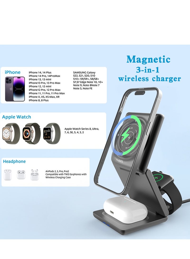 Beauenty Fast Wireless Charger, Magnetic Foldable 3 in 1 Charging Station for Apple Devices,15W Portable Charger for iPhone 16/15/14/13/12 for Apple Watch 9/8/7/6/5/4/3/SE, for Airpods3/2/Pro - Image 2