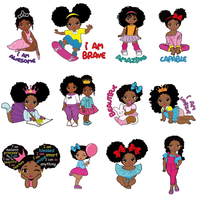Junkin 12 Pcs Black Girl Iron on Patches T Shirt Iron on Transfer Decals Clothing Stickers for DIY Women Girl Coat Backpack Jackets DecorationClassic Style