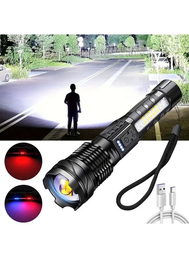 Black Aluminum Alloy Handheld Flashlight USB Type C Charging 7 Modes Adjustable Focus - Image 2