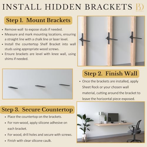 Balin Designs 16 inch Floating Countertop Support Brackets by Balin Designs, Free hanging Floating Shelf Brackets Heavy Duty, Invisible Wall Shower Bench T Support for Vanities, Granite Countertops, (2 pack) - Image 4