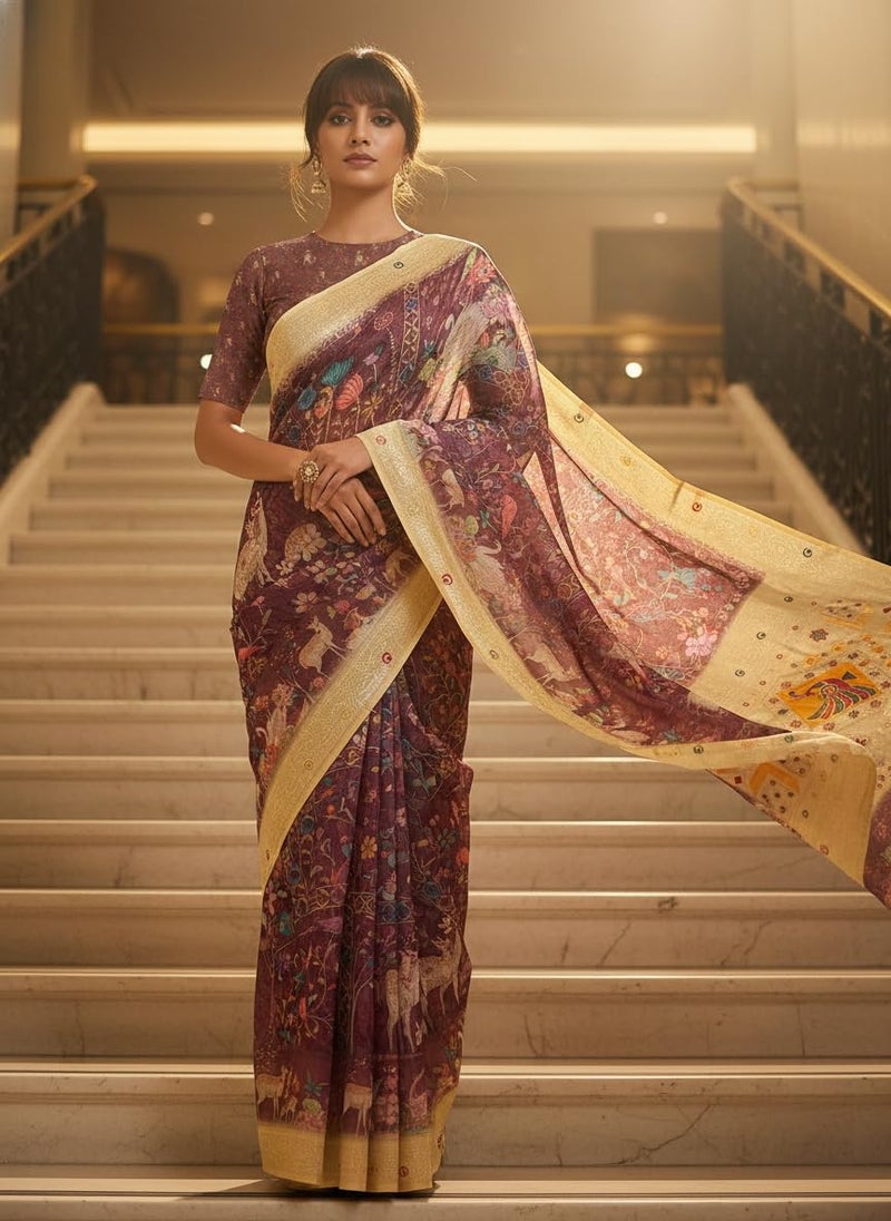 Glory Sarees Women’s Digital Print Cotton Woven Banarasi Silk Saree With Blouse Piece (Varnamala_Silk102) - Image 2