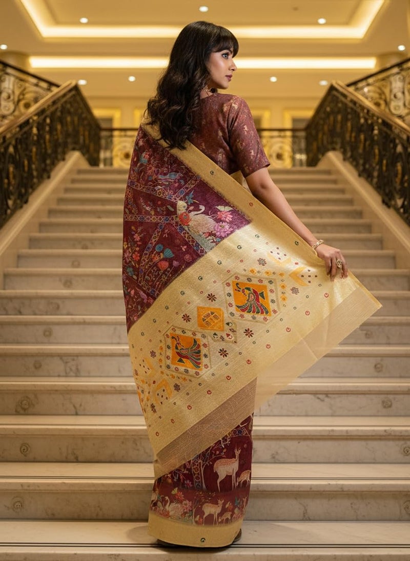 Glory Sarees Women’s Digital Print Cotton Woven Banarasi Silk Saree With Blouse Piece (Varnamala_Silk102) - Image 3