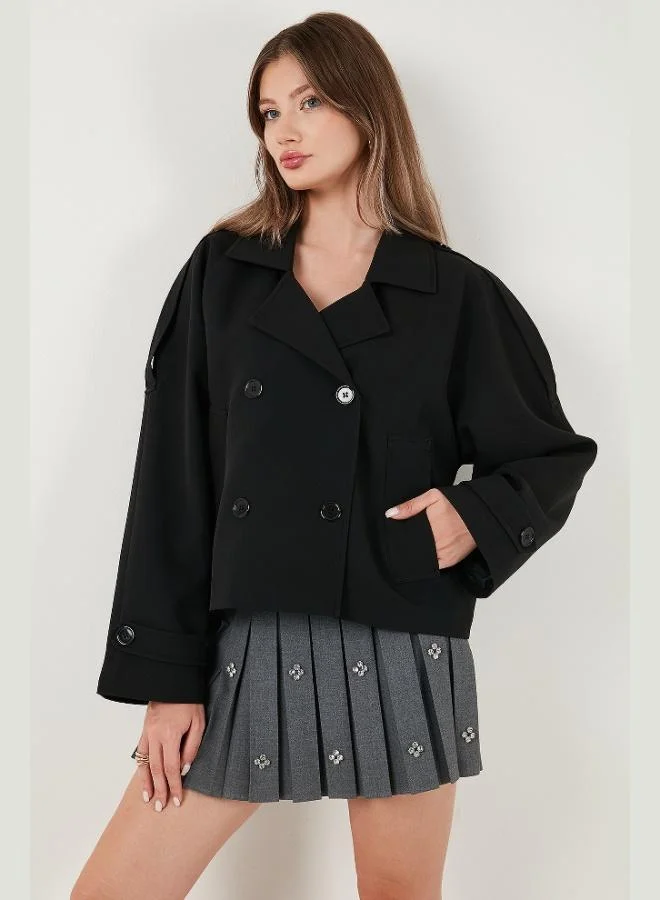 ليلا معطف ترنش قصير مبطن مزدوج الصدر بأزرار للنساء من ليلا