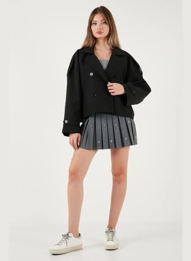 ليلا معطف ترنش قصير مبطن مزدوج الصدر بأزرار للنساء من ليلا