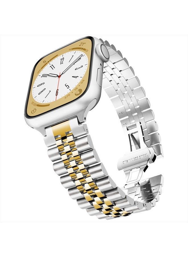 Mazuboho Upgraded Stainless Steel Band Compatible with Apple Watch Band 41mm 40mm 38mm 45mm 44mm 42mm 49mm, Luxury Metal iWatch Band with Butterfly Folding Clasp for Apple Watch Series 8/7/6/5/4/3/2/1/SE/Ultra  - Image 1