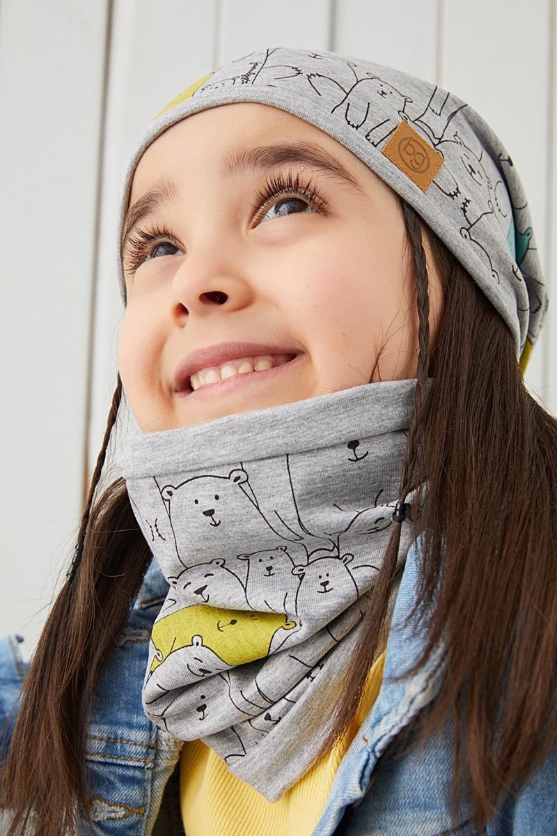 Babygiz Girl Child Gray Figured Rope Detailed 4 Season Hat Beanie Neck Collar Set Soft Natural Combed Cotton  - Image 3